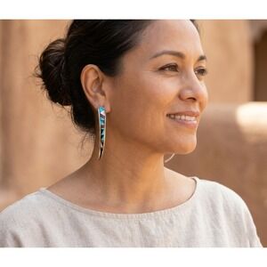 Zuni Turquoise coral Inlay Earrings 925 Sterling Silver Curved Signed P. Lucio *